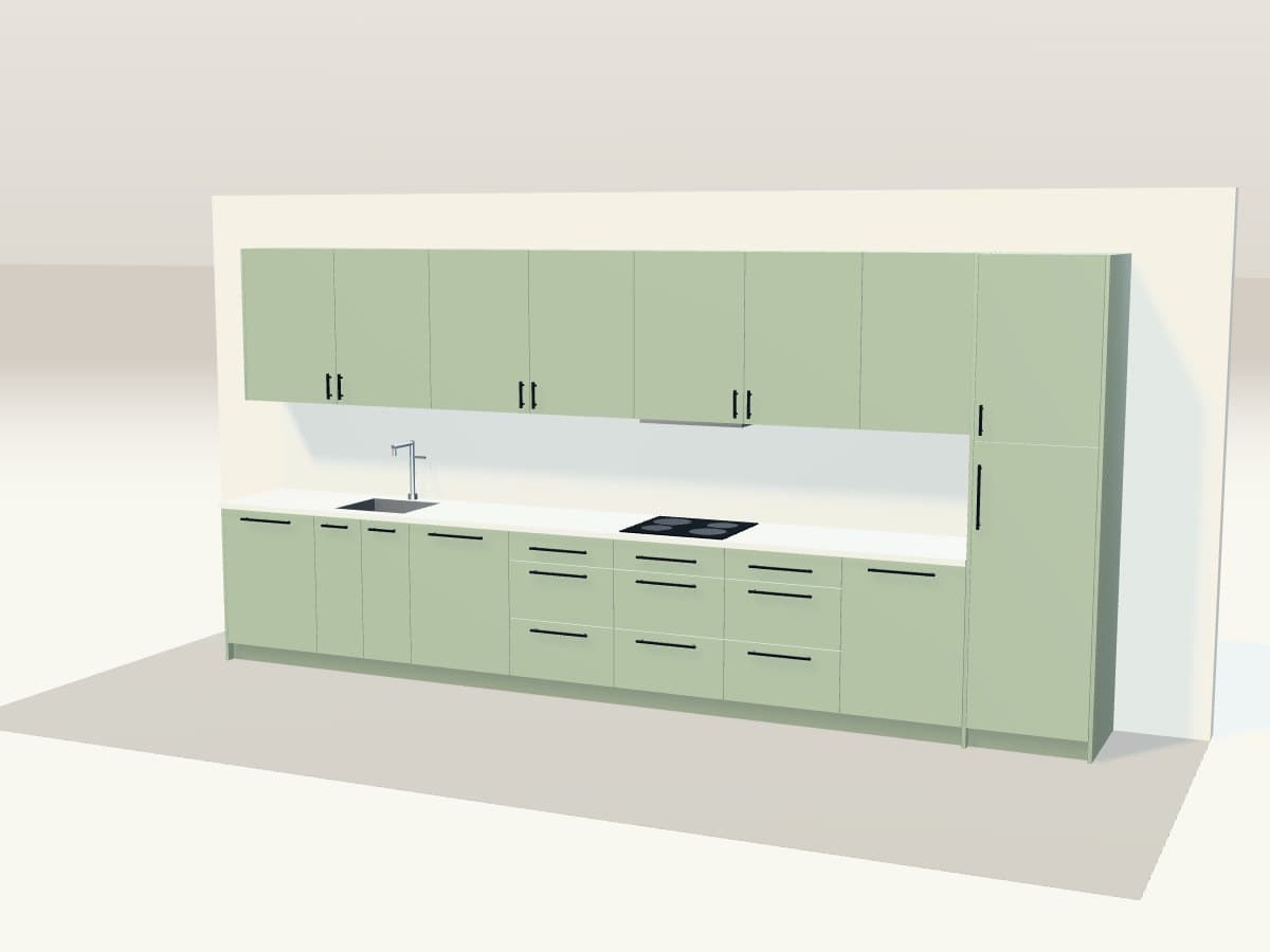 Rendu 3D indicatif : grande cuisine vert sauge.
