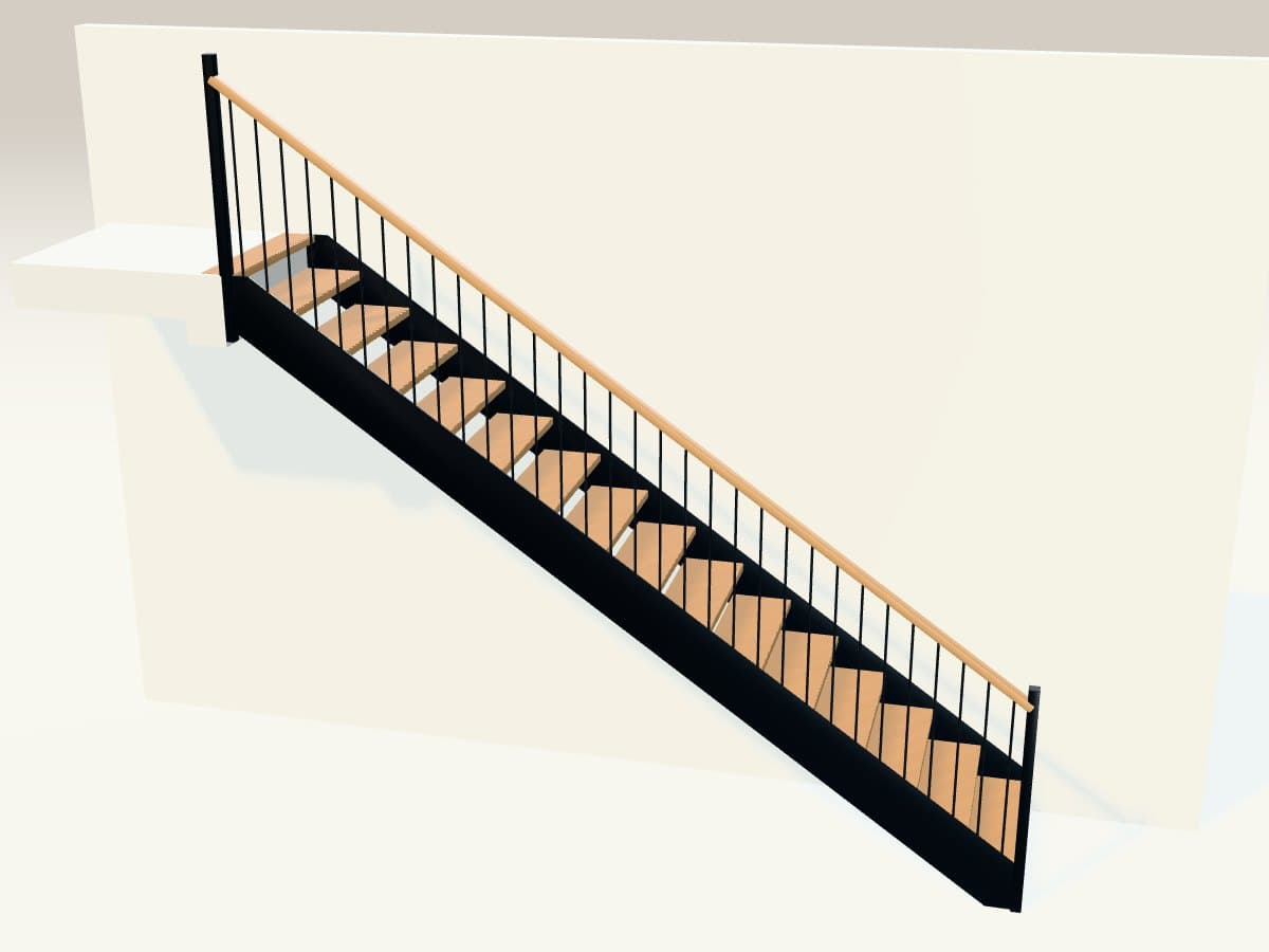 Rendu 3D indicatif : escalier droit acier et chêne.