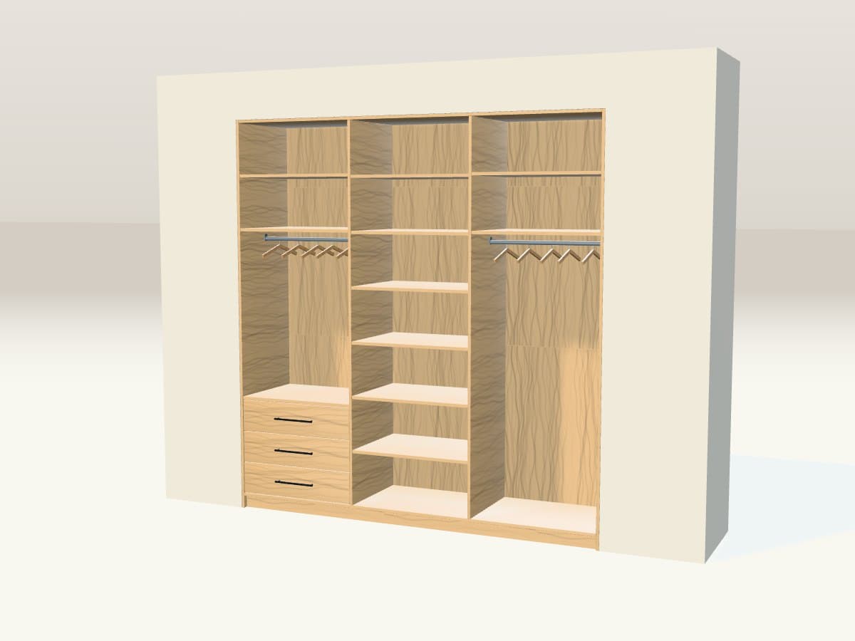 Rendu 3D indicatif : dressing ouvert chêne clair.